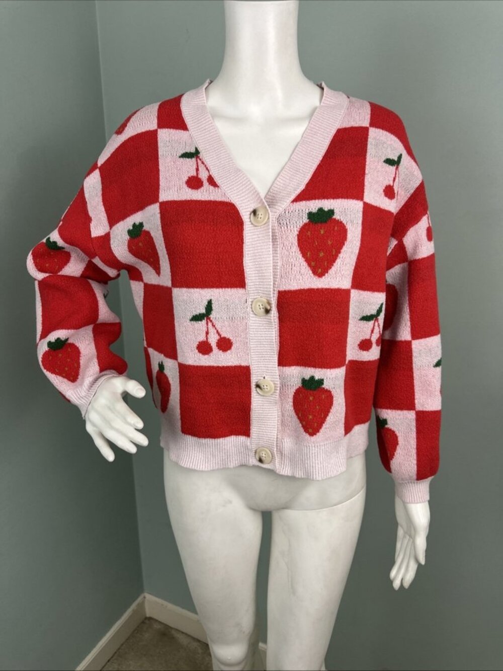 Sincerely Jules Women's Strawberry & Cherry Print Cardigan Sweater Sz Small